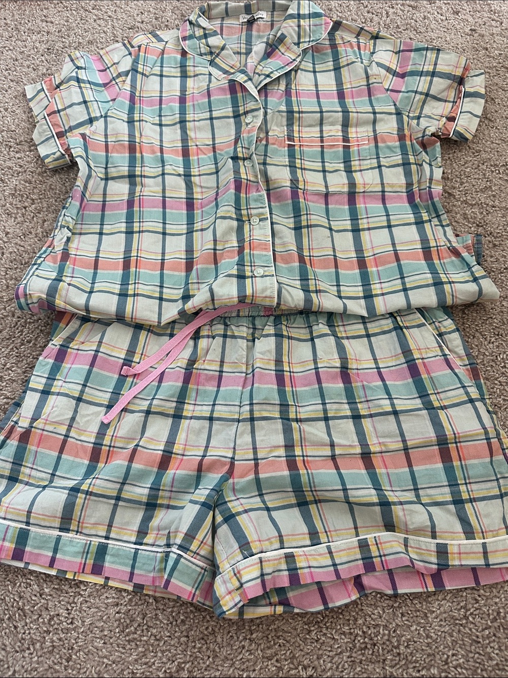 Vera Bradley Pastel Plaid Short Pajama Set with Pink Accents